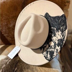 Cream Cowboy Hat with Black Wolf Design
